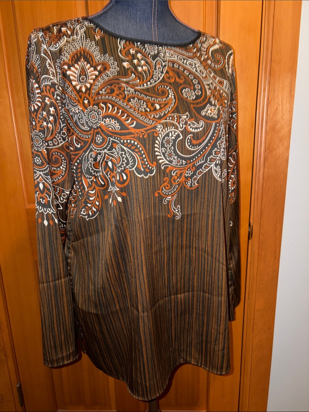 Bob Mackie Brown and Orange Paisley Long Sleeve Blouse
